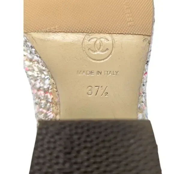 Chanel 2018 Mules Metallic Tweed Interlocking CC Logo Slide Neutral 37.5 - Picture 12 of 14